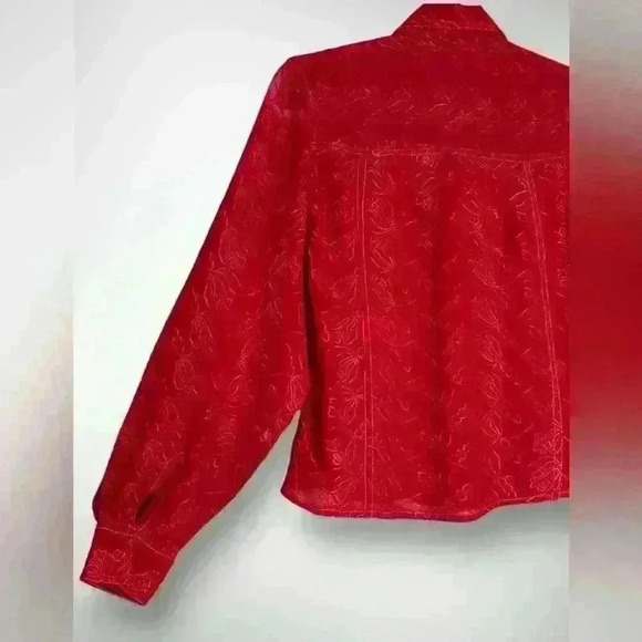 Women’s Sheer Red Button Down Blouse Decorative Embroidery Two Pocket Size M - Picture 8 of 8